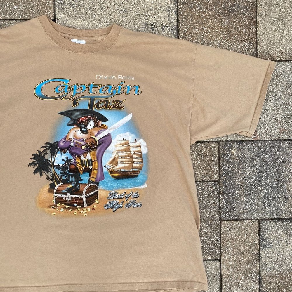 CAPTAIN TAZ Looney Toons Tasmanian Devil Vtg Style Pirate Orlando T Shirt Sz 2XL